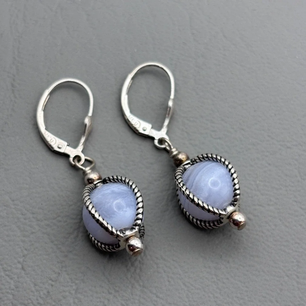 Vintage Carolyn Pollack Relios Necklace Earrings Sterling Blue Lace Agate 17